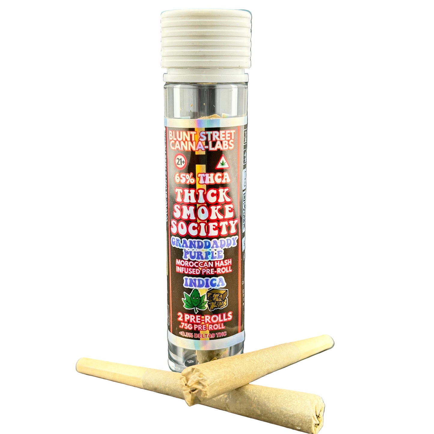 Bottle of 'Thick Smoke Society' pre-rolls with two pre-rolled joints on a white background