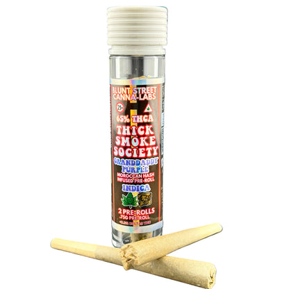 Bottle of 'Thick Smoke Society' pre-rolls with two pre-rolled joints on a white background