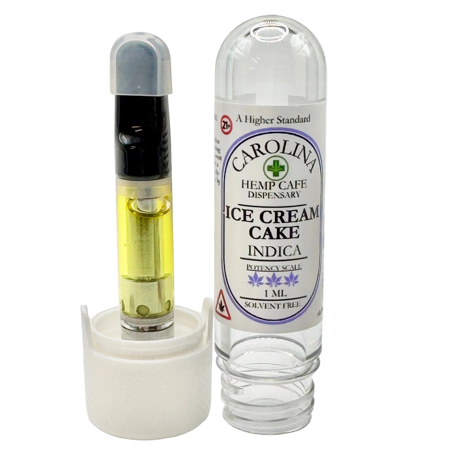 Carolina Hemp Cafe dispensary vape cartridge with visible liquid and label on a white background
