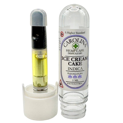 Carolina Hemp Cafe dispensary vape cartridge with visible liquid and label on a white background