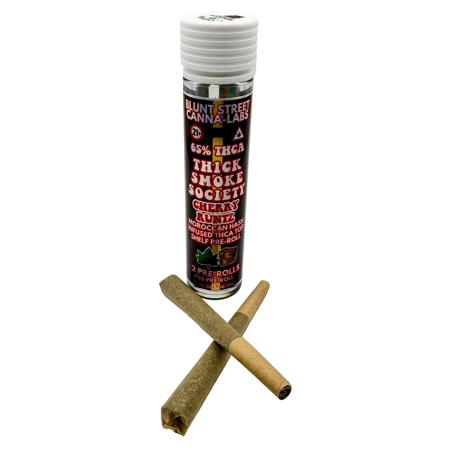 Cannabis pre-roll packaging with two pre-rolls on a white background