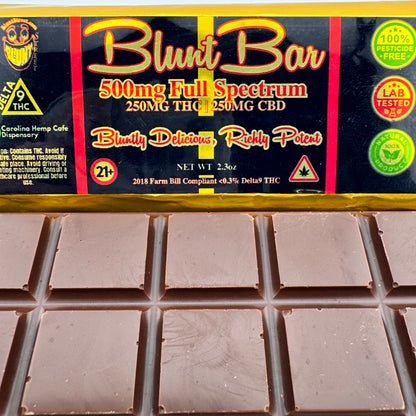 Chocolate bar with 'Blunt Bar' packaging featuring THC and CBD information.