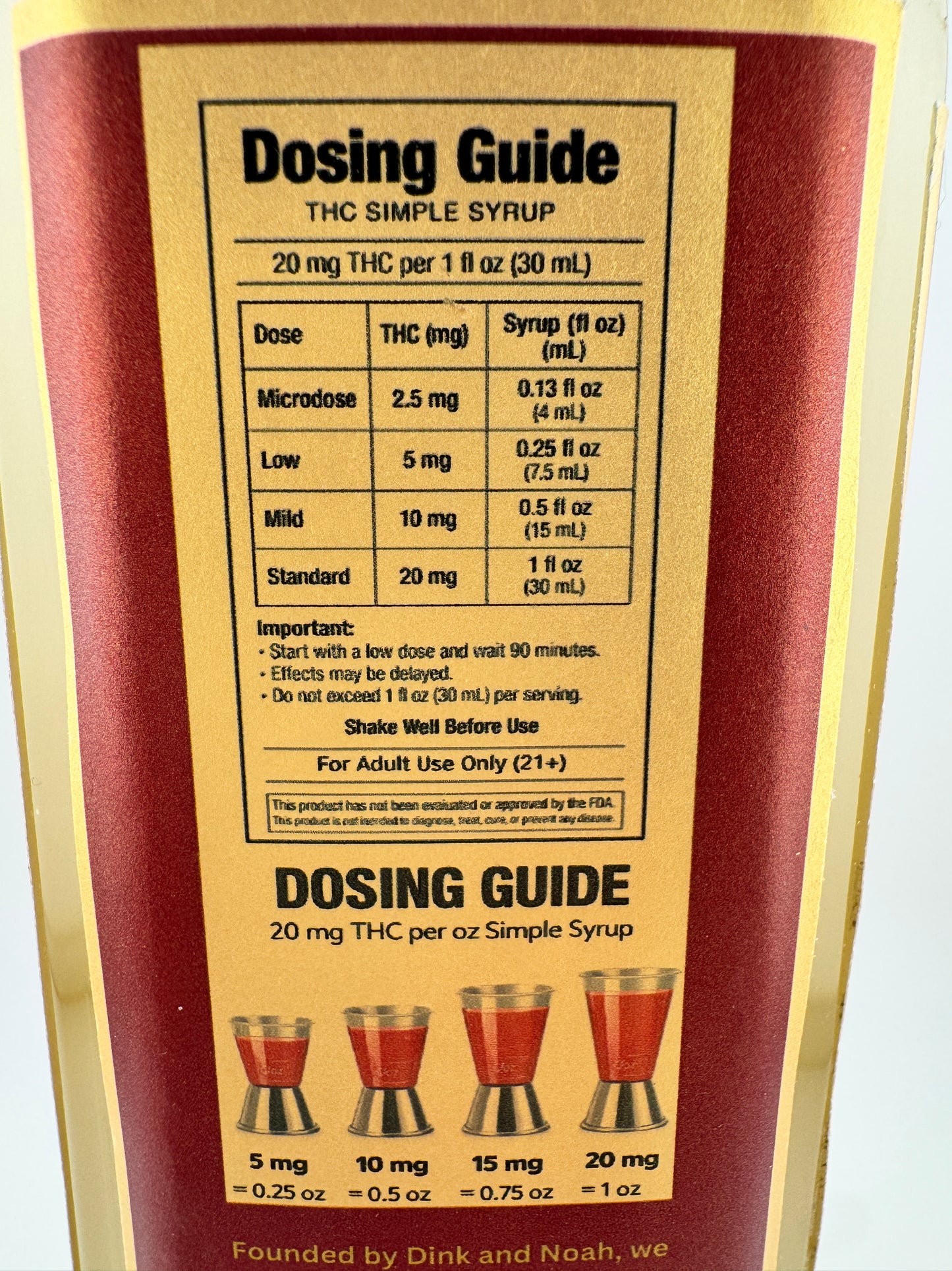 Dosing guide for a THC syrup bottle with text and dosing information.