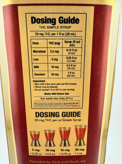 Dosing guide for a THC syrup bottle with text and dosing information.