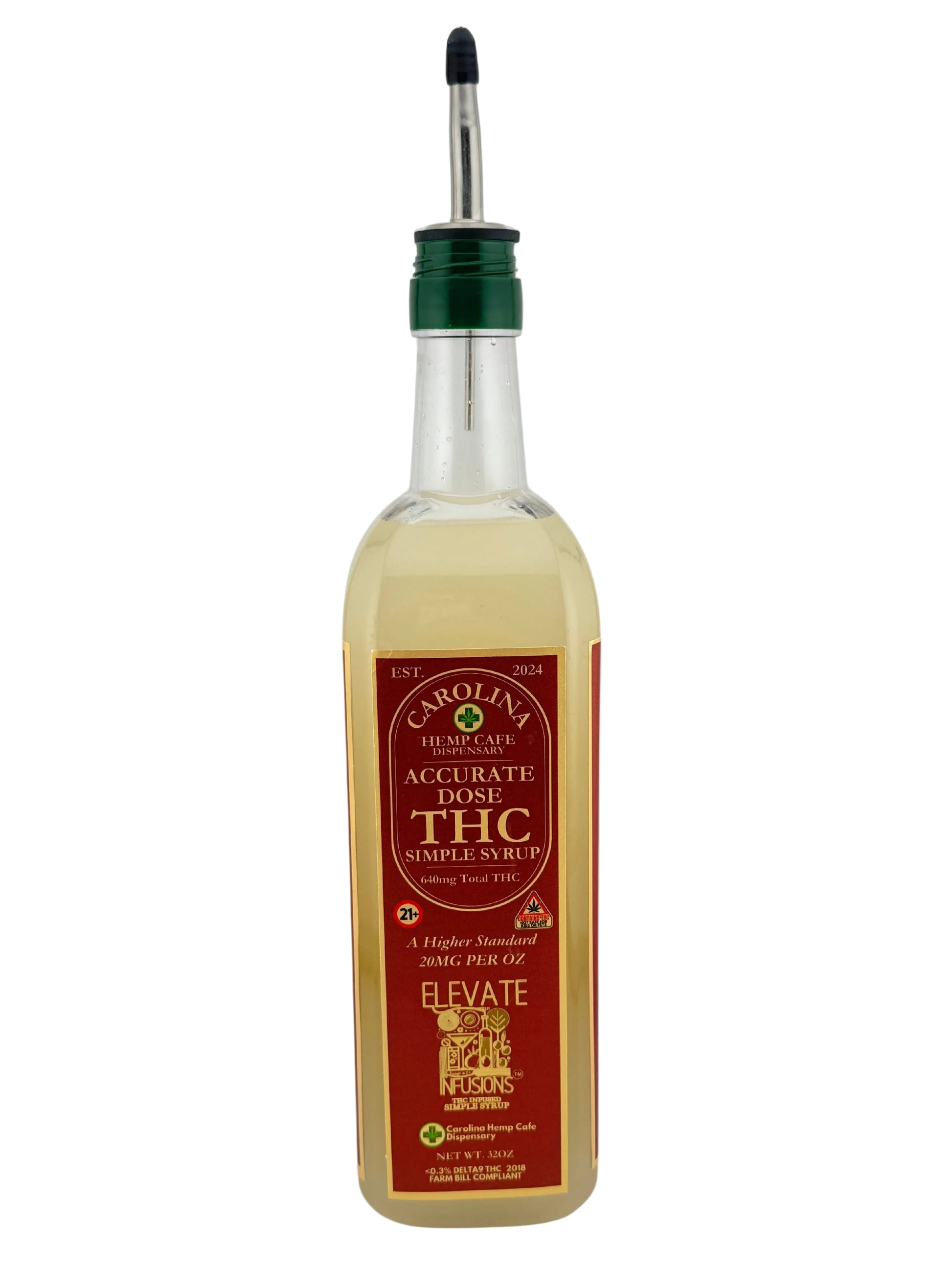 Bottle of Carolina Accurate Dose THC simple syrup on a white background