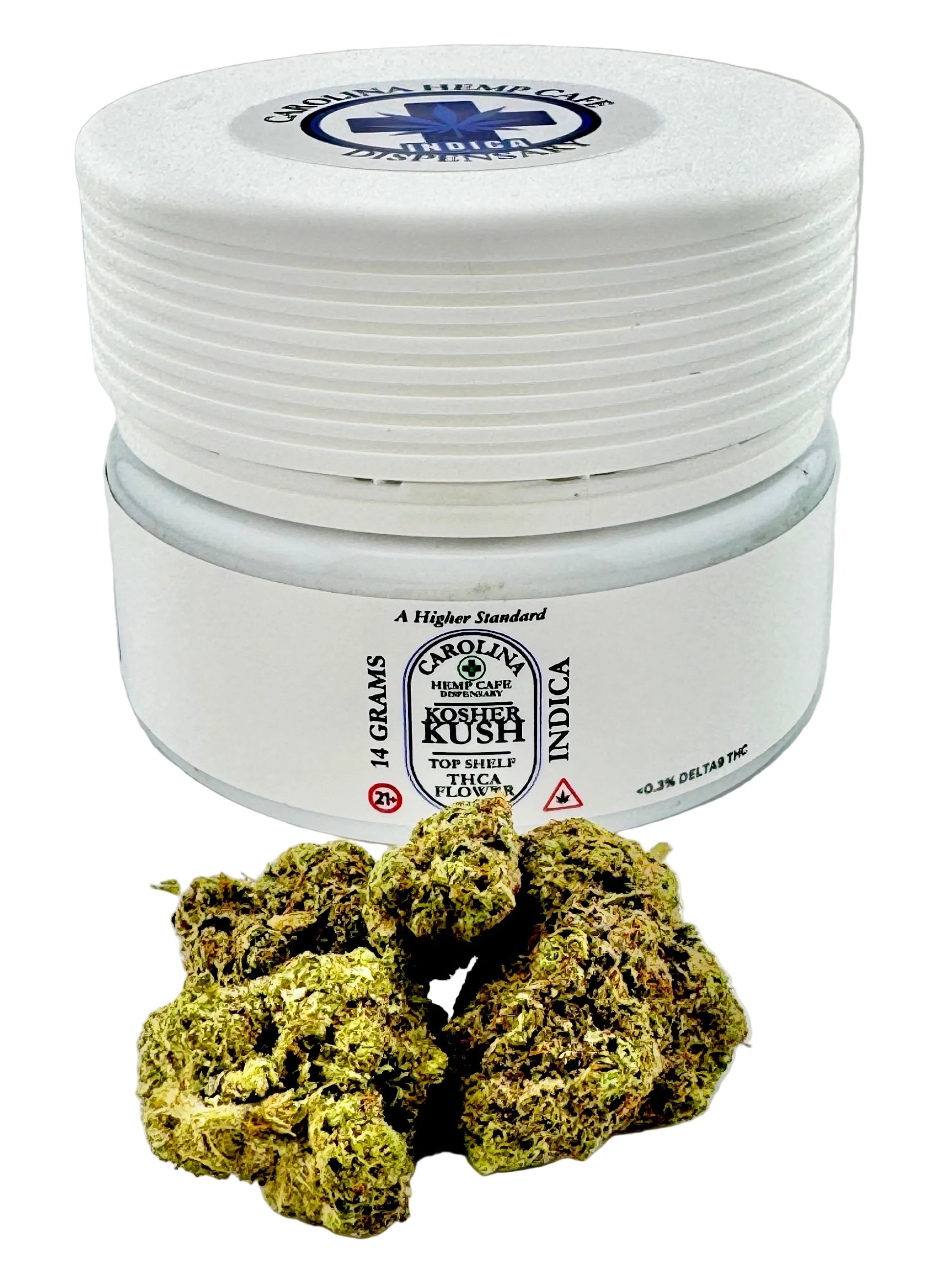 White container with cannabis product on a light gray background