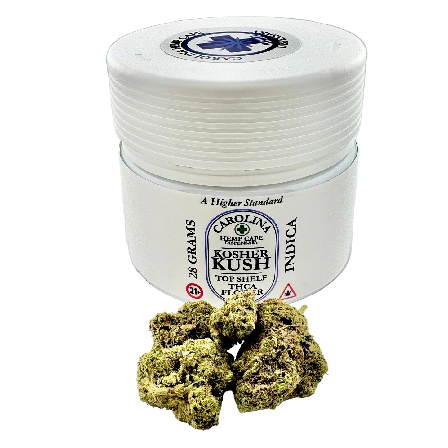 Jar of cannabis with visible strain information on a light gray background