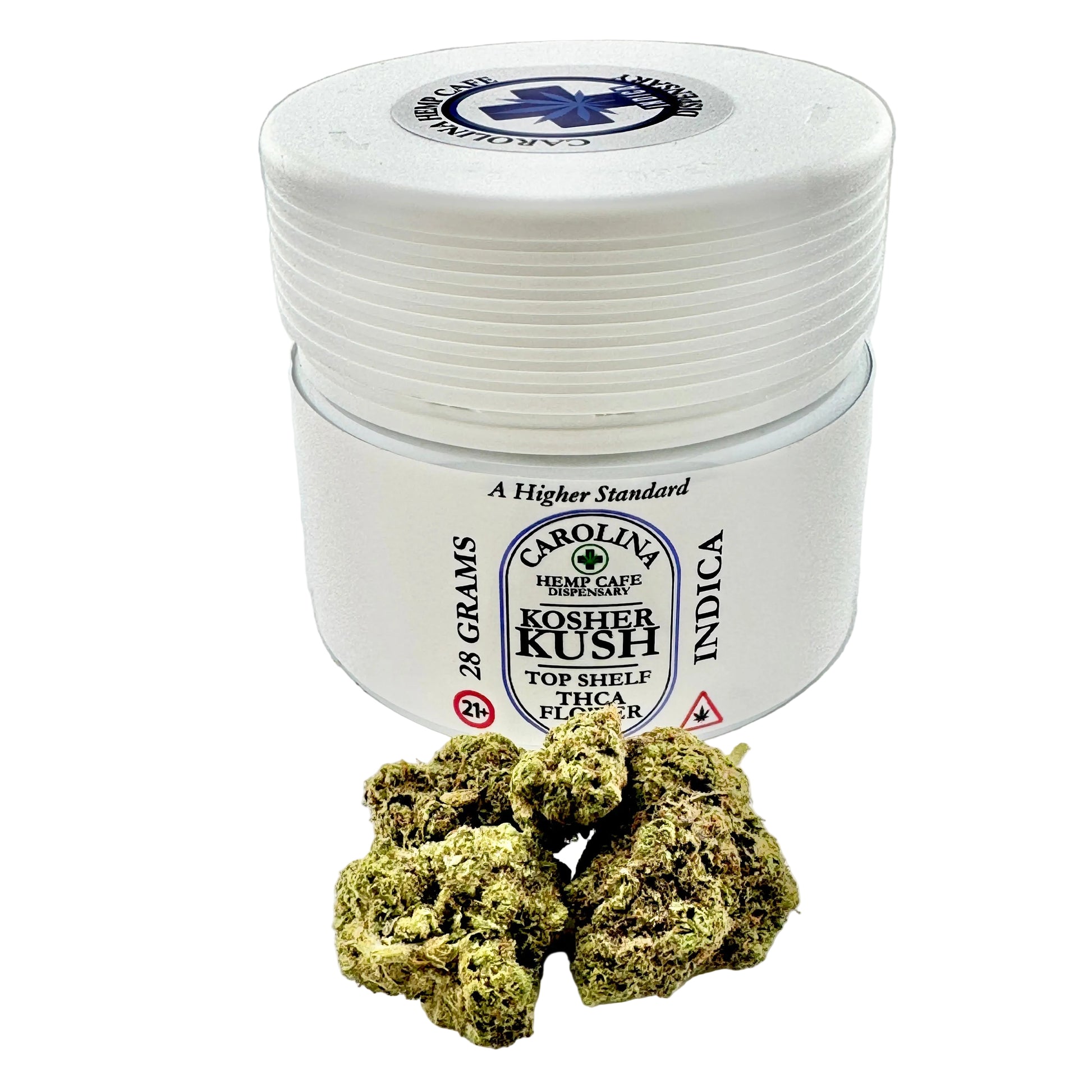 Jar of cannabis with visible strain information on a light gray background