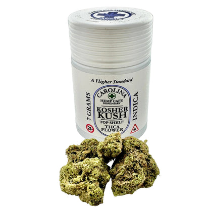 White container labeled 'Carolina Hemp Cafe' with green cannabis buds on a light gray background