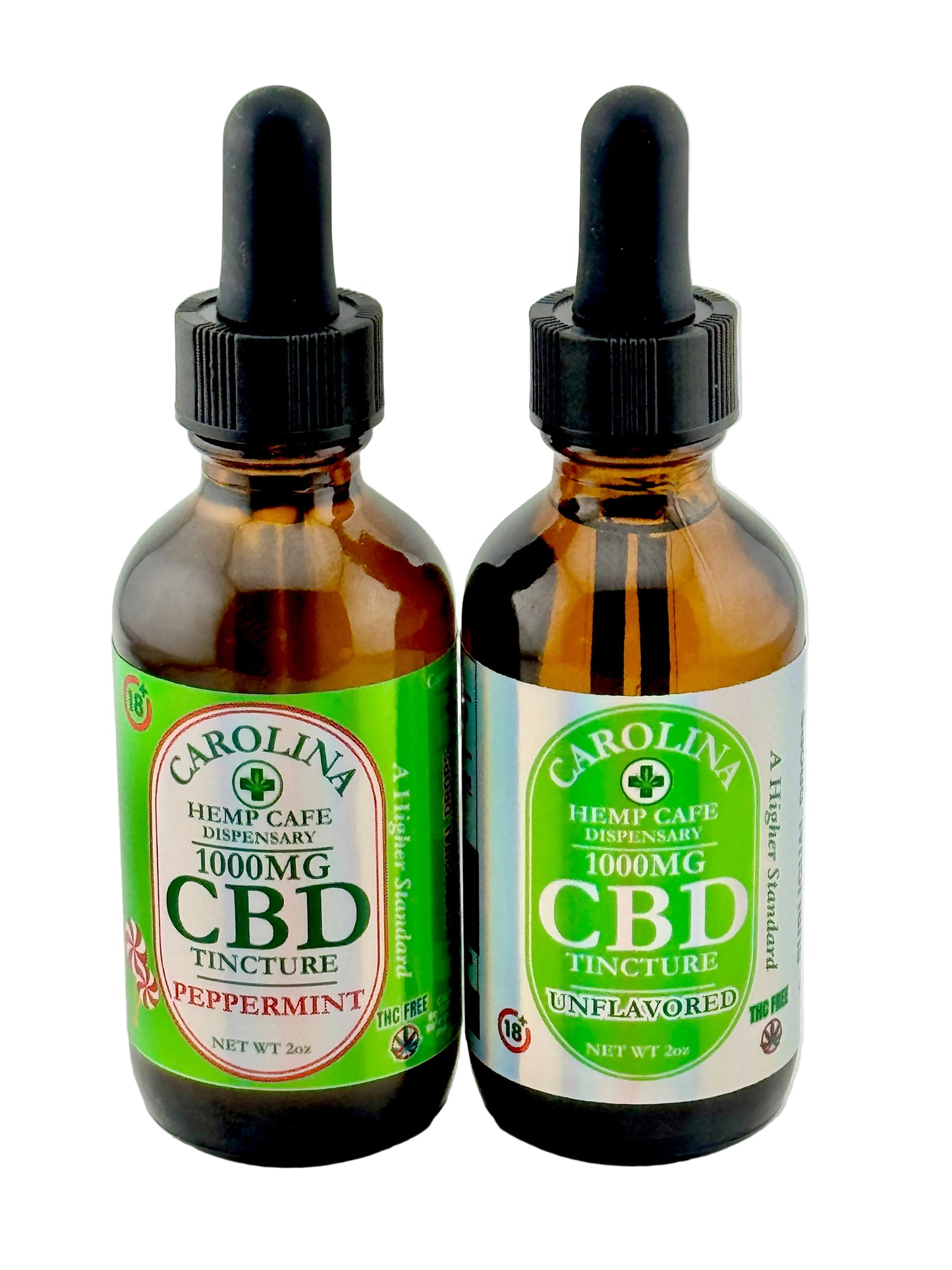 Two bottles of Carolina Hemp CBD tincture on a white background