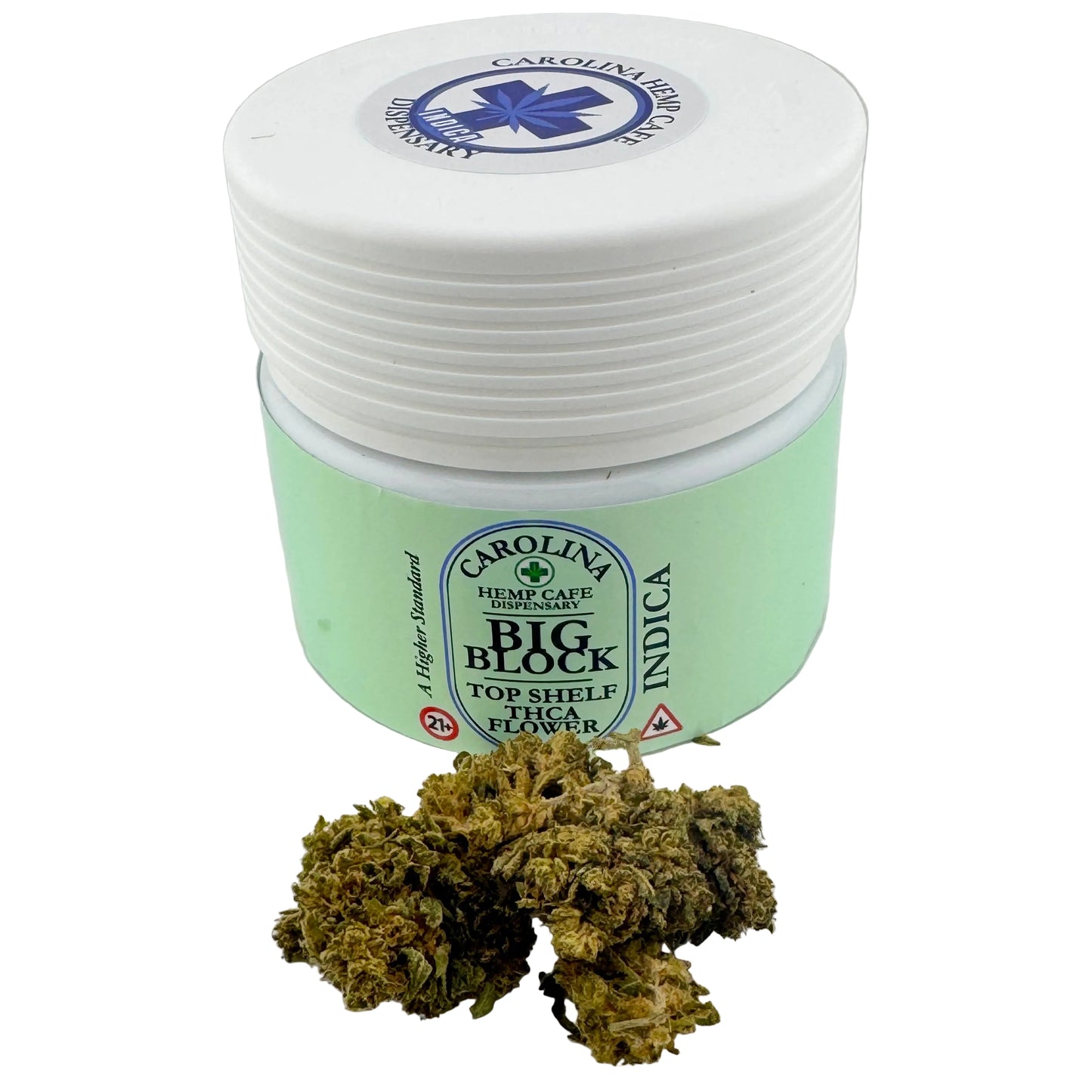 Jar of Carolina Hemp Cafe Big Block Indica with cannabis buds on a white background