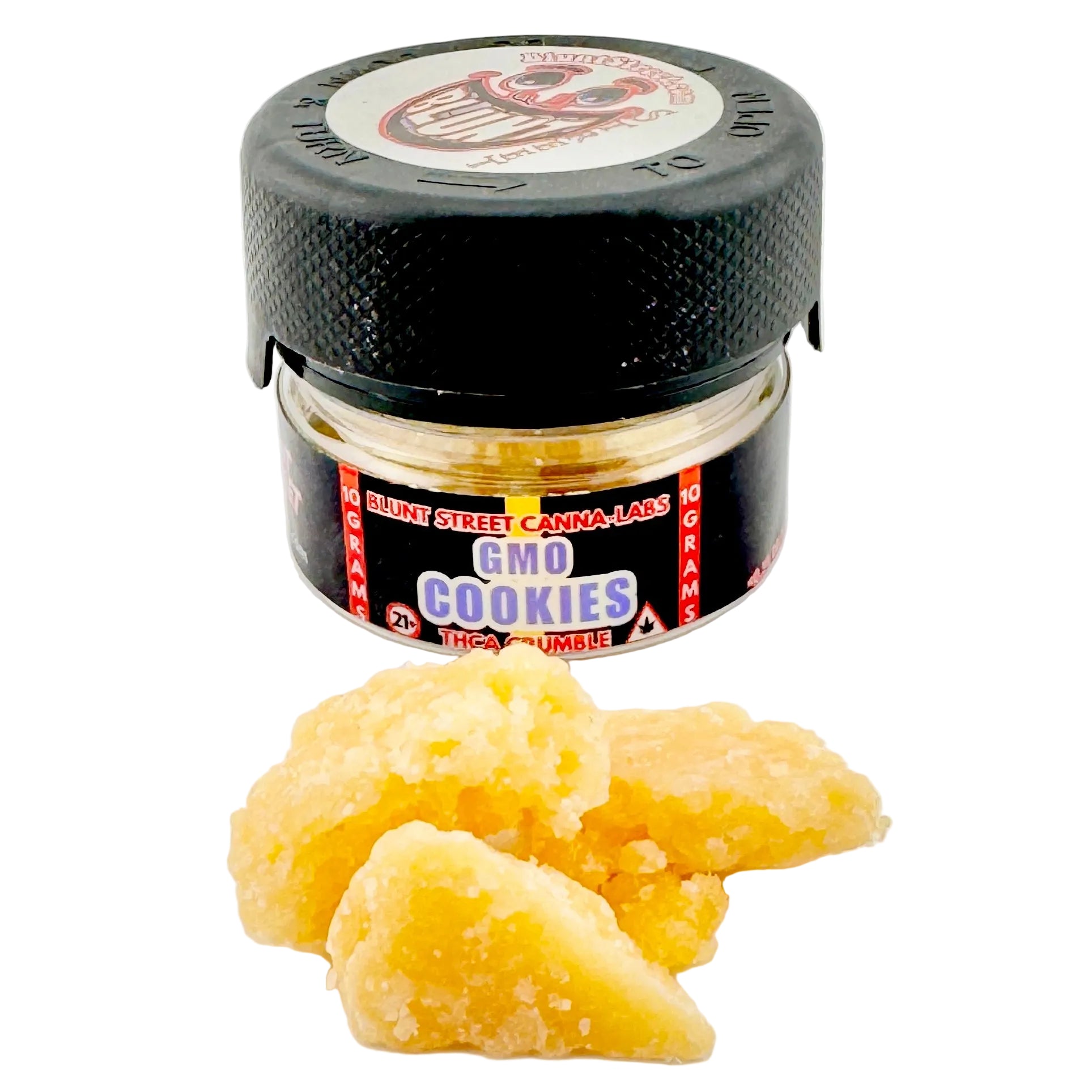 Jar of 'GMO Cookies' with a black lid on a white background