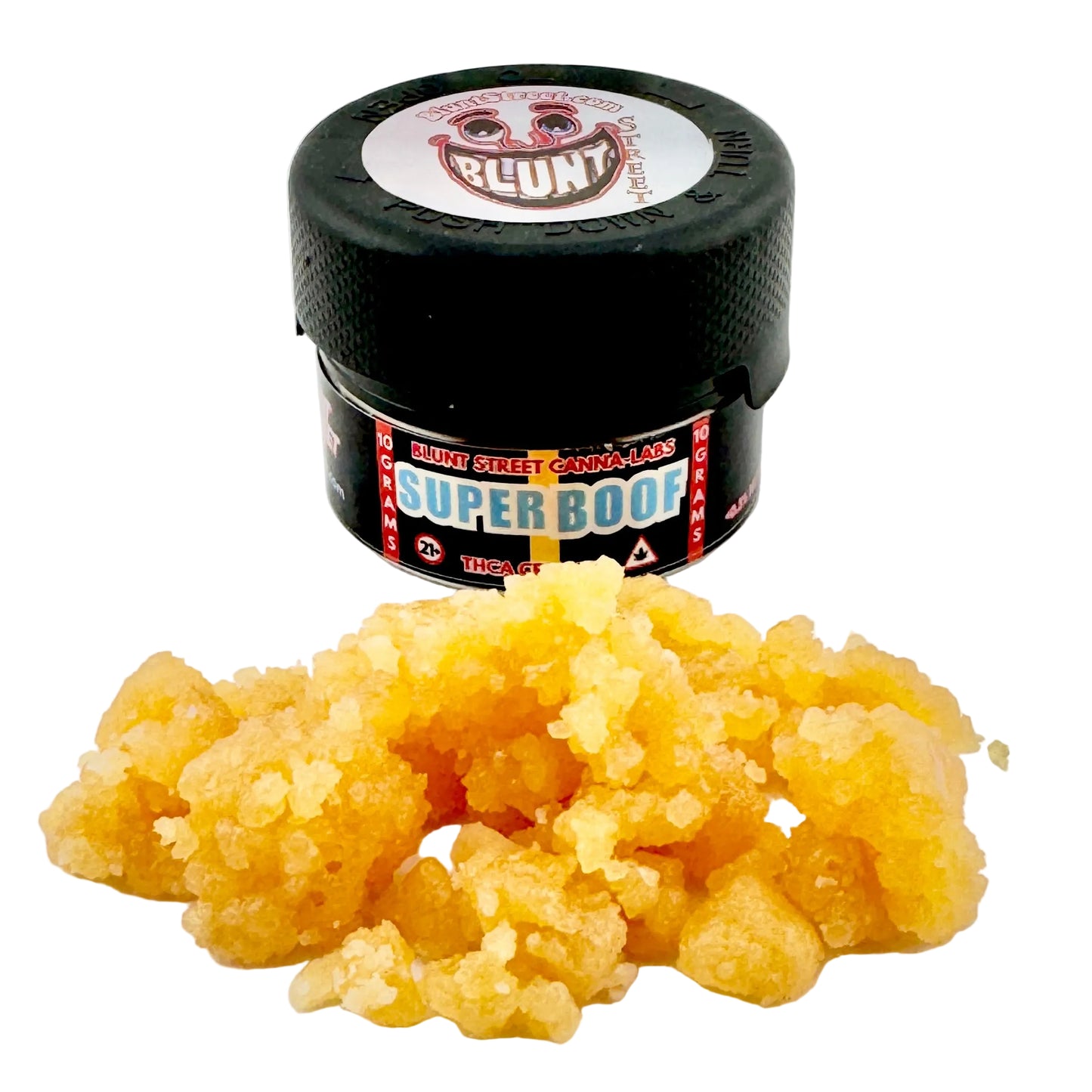 Jar of cannabis concentrate with a visible brand label on a white background