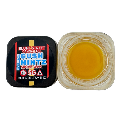 Canna-Labs Gush Mintz sugar wax container with yellow wax on a white background