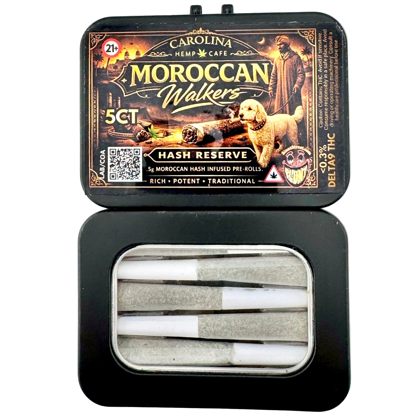 Carolina Hemp Cafe Moroccan Walkers hash reserve pre-rolls in a black tin on a light gray background