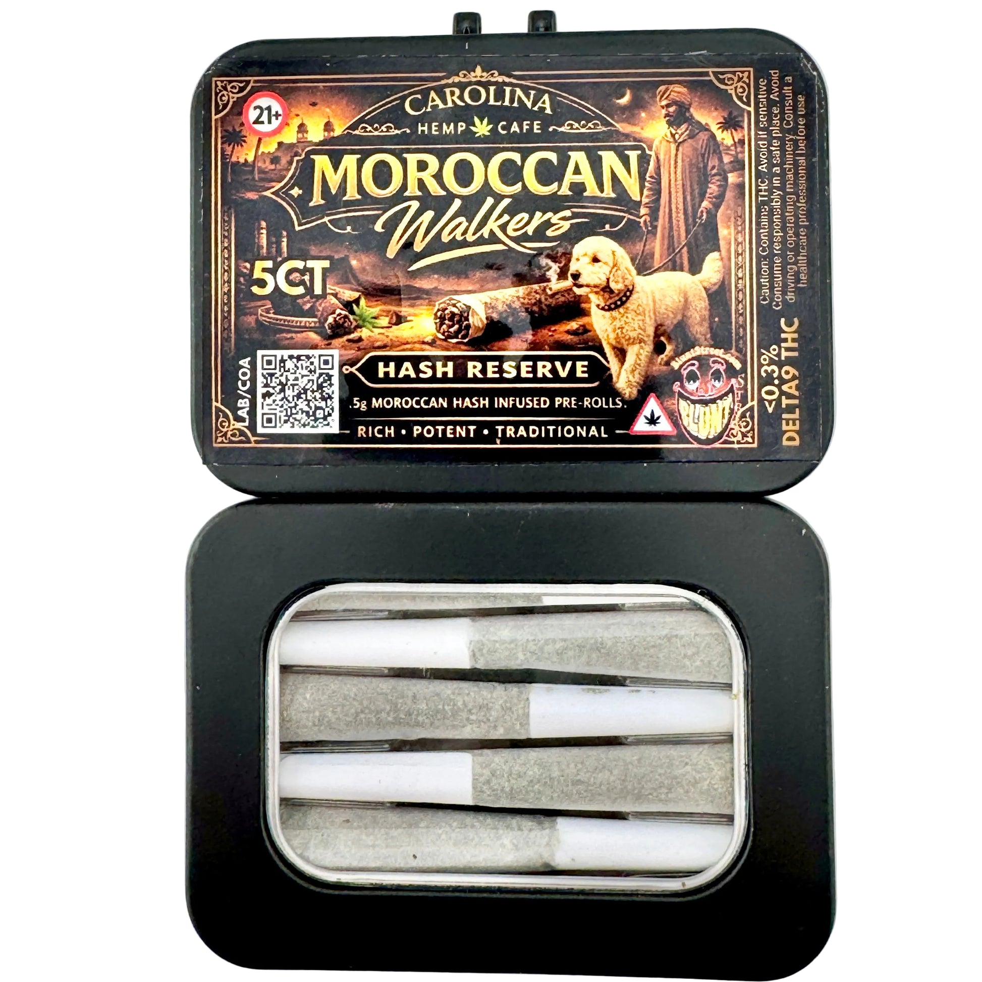 Carolina Hemp Cafe Moroccan Walkers hash reserve pre-rolls in a black tin on a light gray background