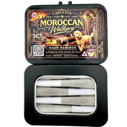 Carolina Hemp Cafe Moroccan Walkers hash reserve pre-rolls in a black tin on a light gray background
