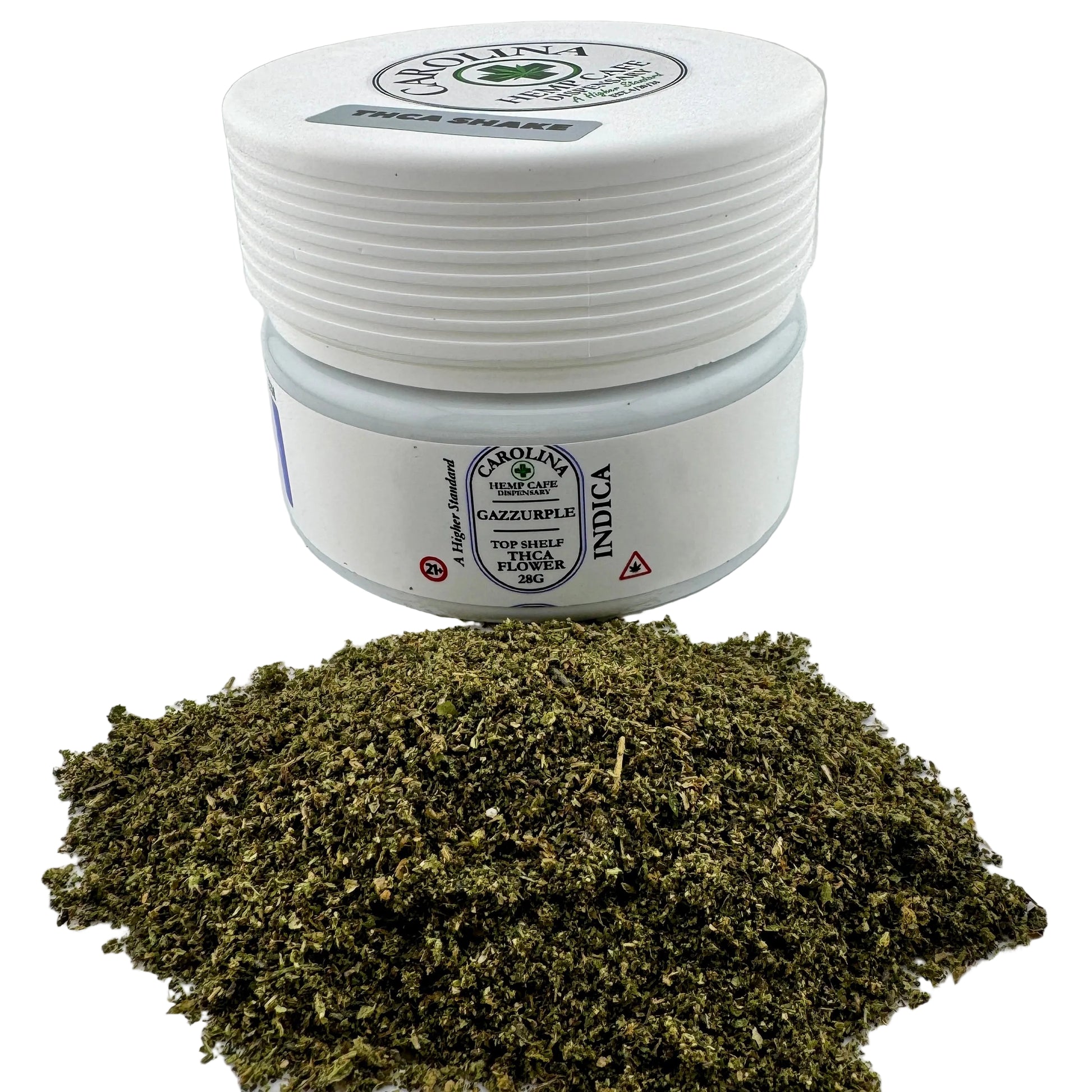 Jar of cannabis flower with a white lid on a light gray background