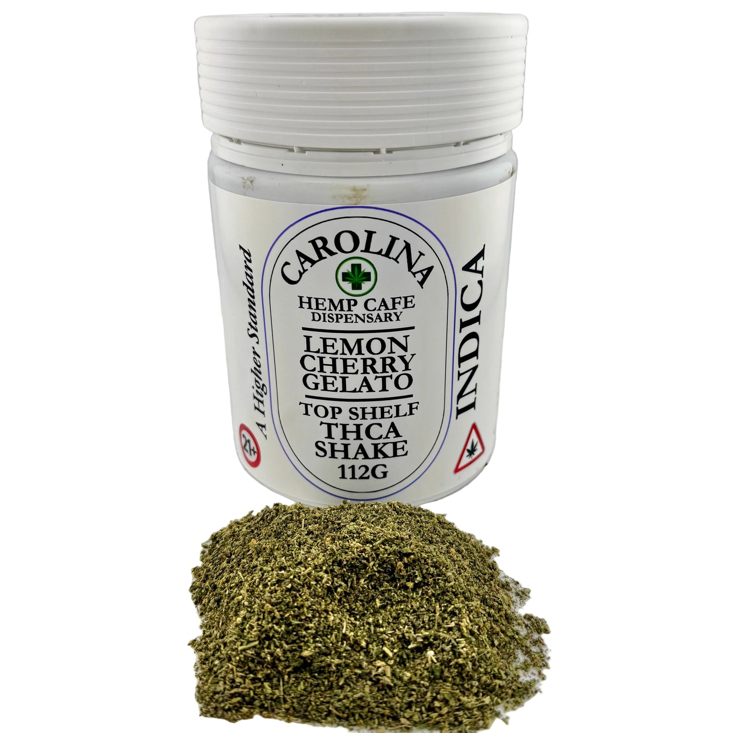 Jar of Carolina Hemp Cafe Indica Top Shelf THCA Shake with green powder on a white background