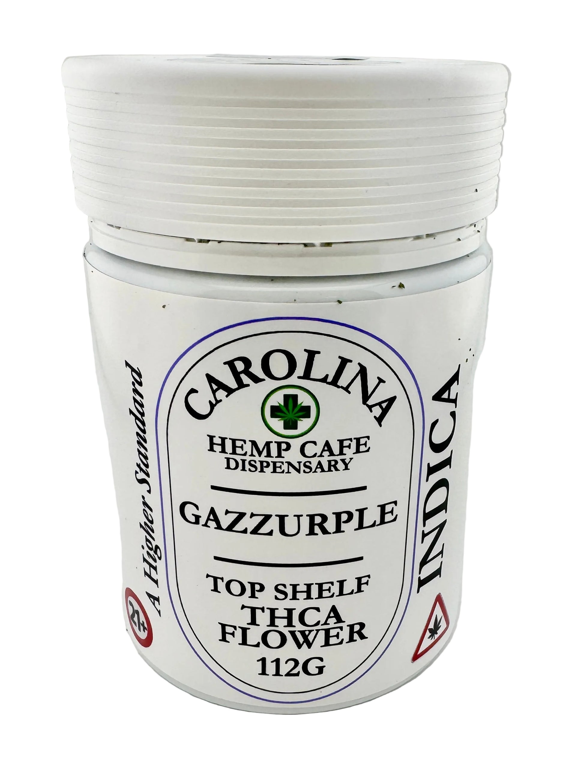 Jar labeled 'Carolina Hemp Cafe Dispensary' with branding and product details on a white background