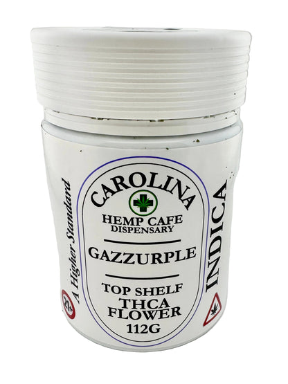 Jar labeled 'Carolina Hemp Cafe Dispensary' with branding and product details on a white background
