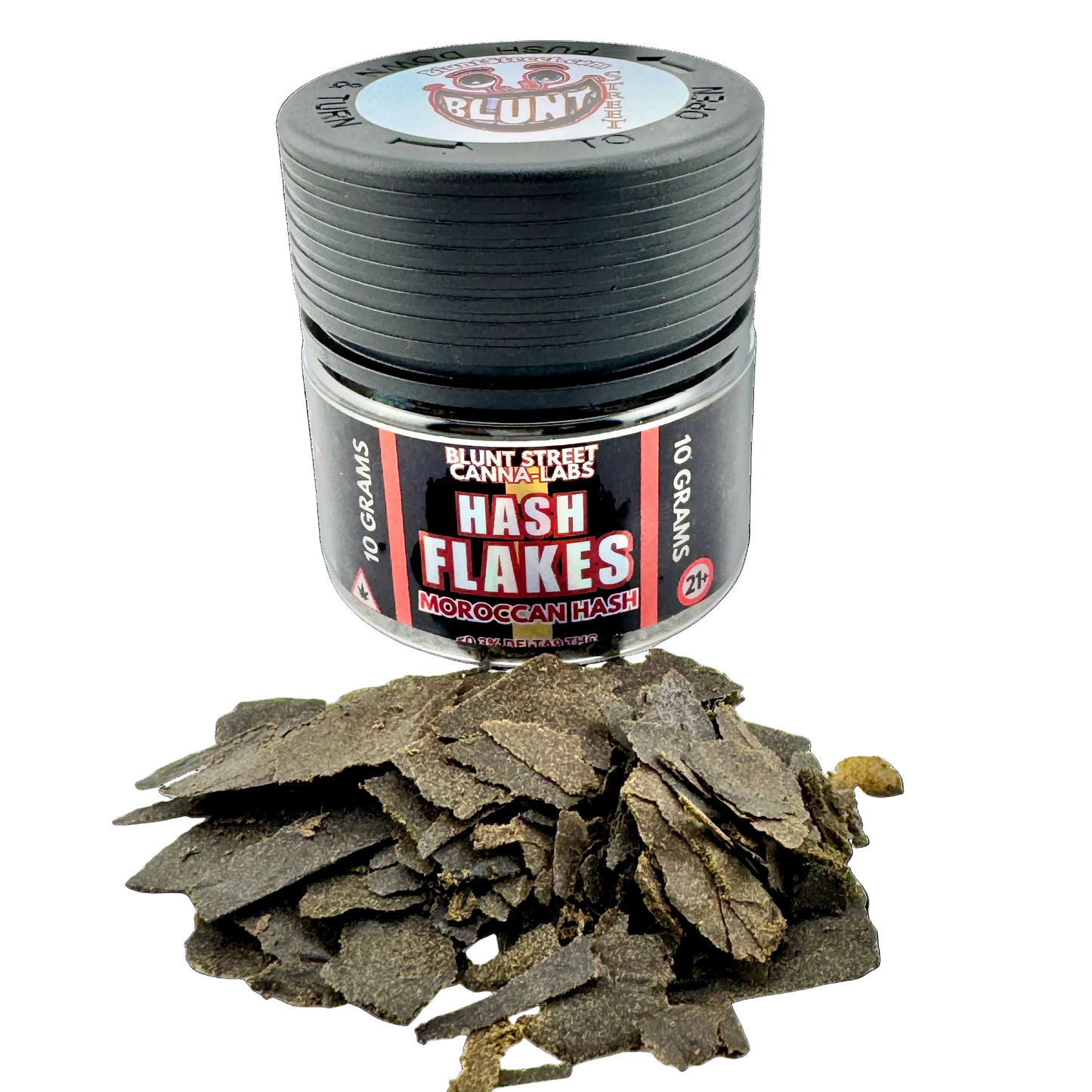 Jar of hash flakes with visible brand label on a white background