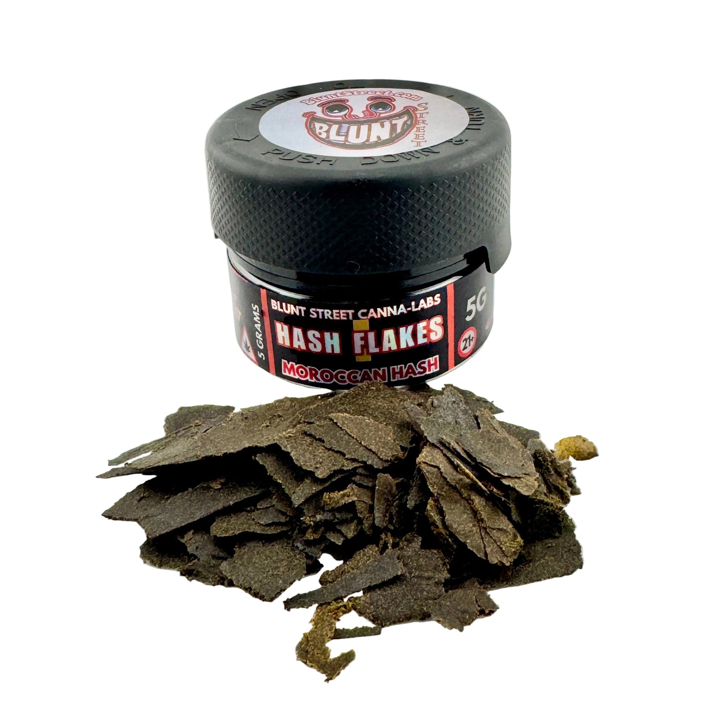 Jar of Blunt Street Canna-Labs Hash Flakes on a white background