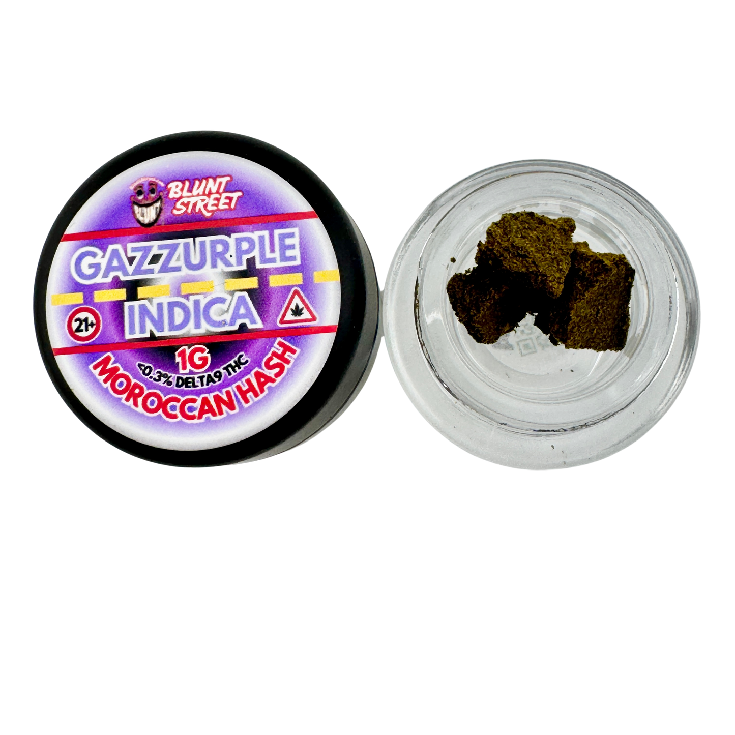 Open jar of cannabis with a branded container on a white background