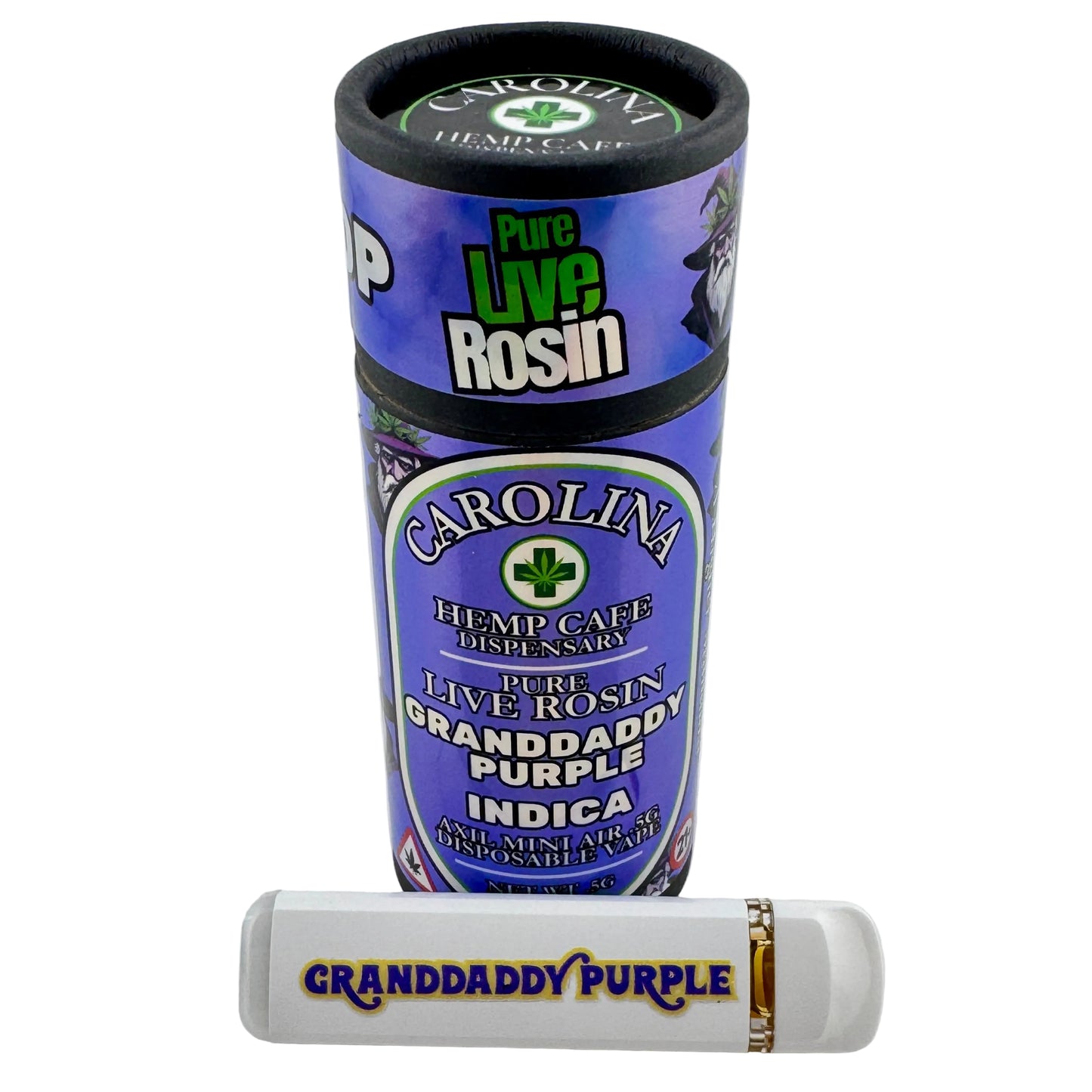 Carolina Hemp Cafe disposable vape pen with purple packaging on a white background