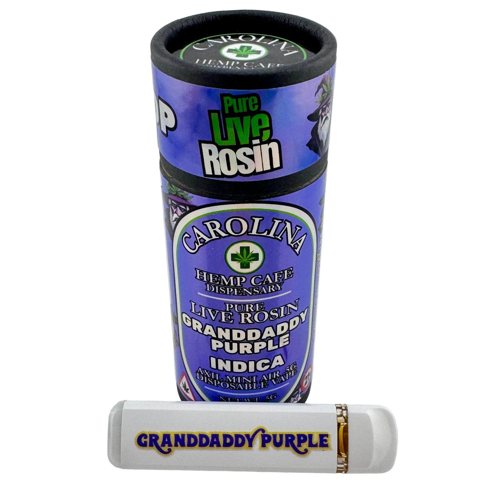 Carolina Hemp Cafe disposable vape pen with purple packaging on a white background