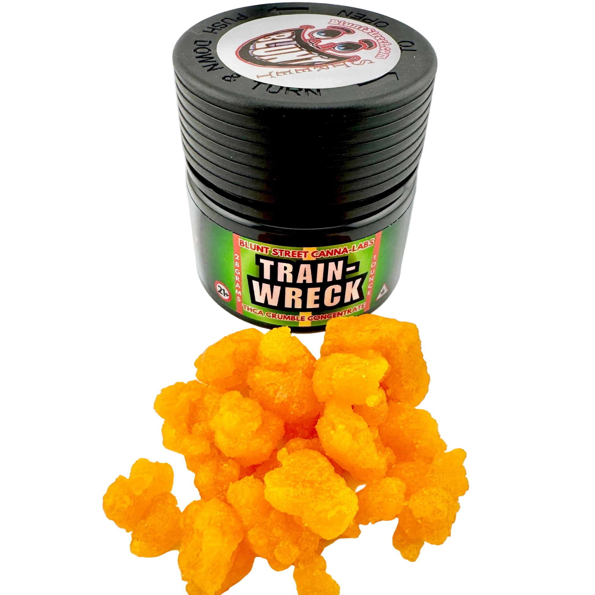 Container of 'Train Wreck' gummy bears with a white background