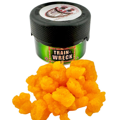 Jar of 'Train Wreck' product with yellow resin-like substance on a white background