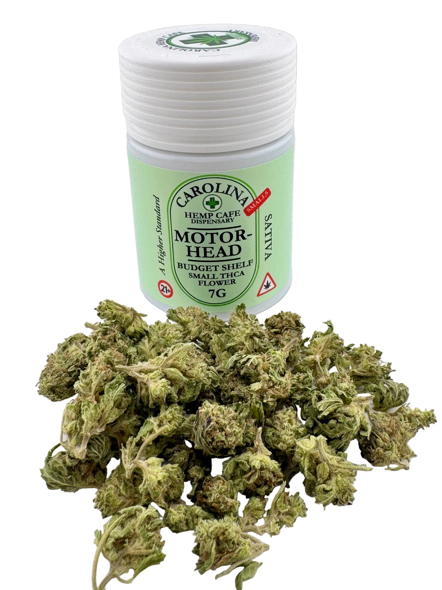 Jar of 'Caroline's Hemp' cannabis flower on a white background