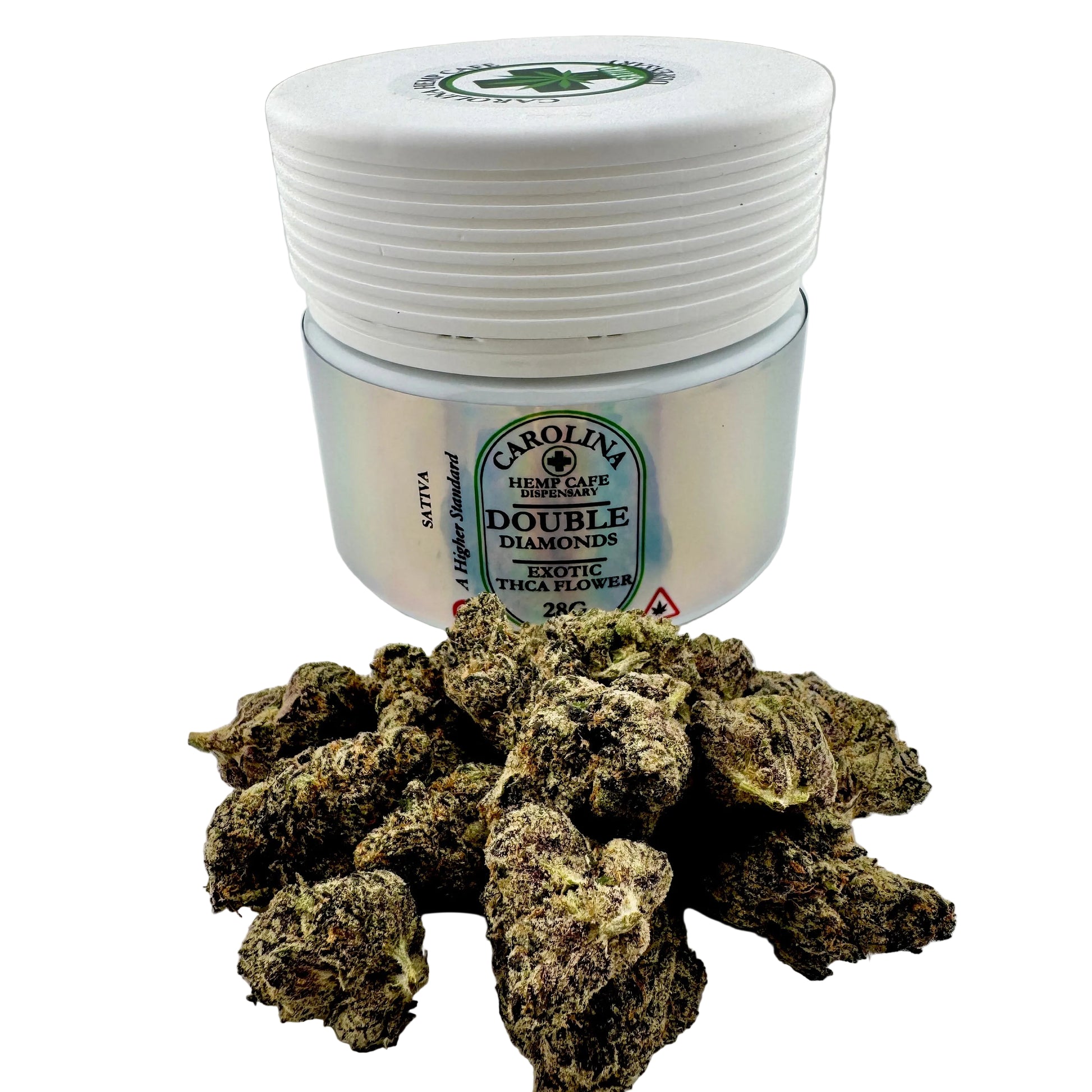 Jar of Carolina Hemp Safe Double Diamonds with cannabis buds on a white background