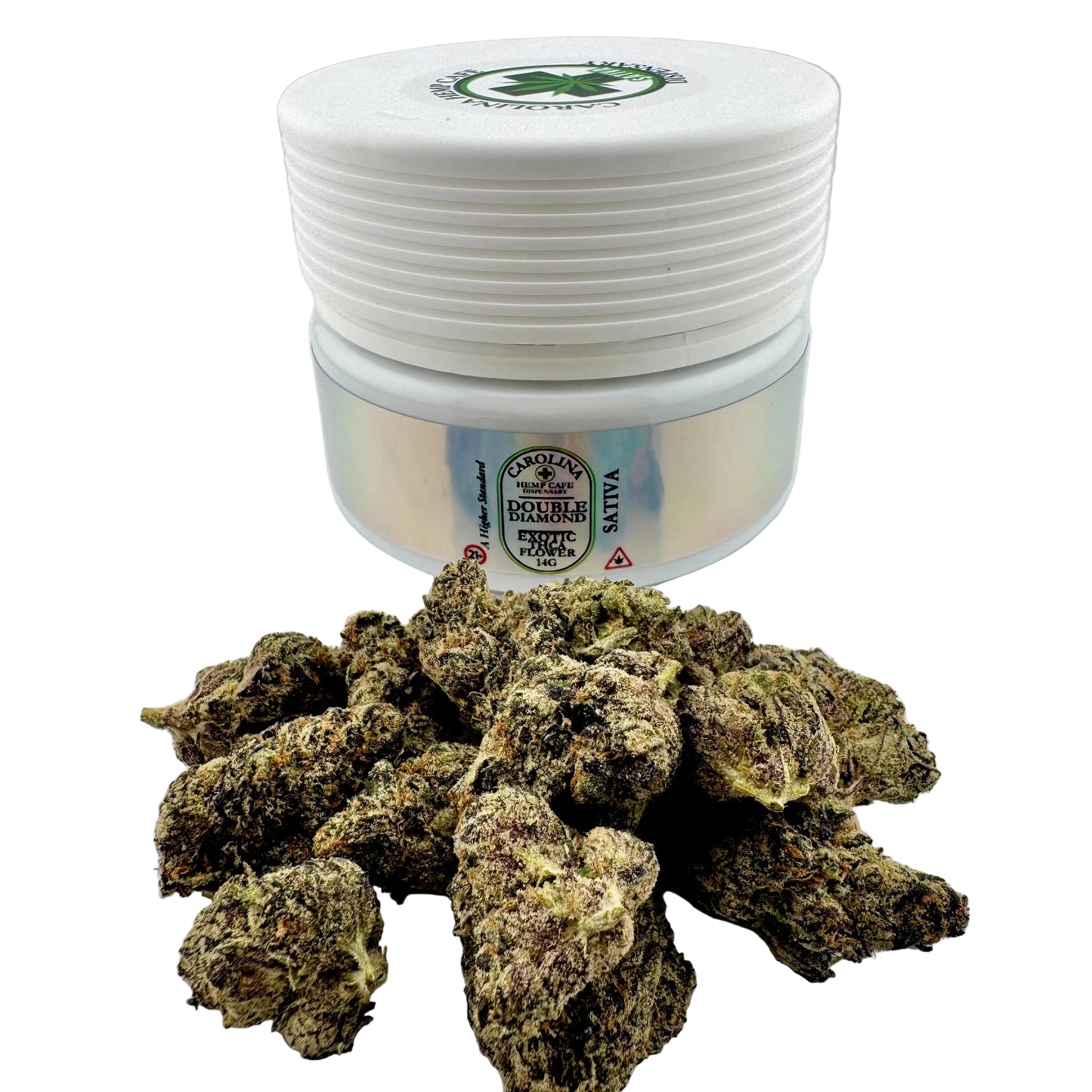 Jar of cannabis buds with a visible brand label on a white background