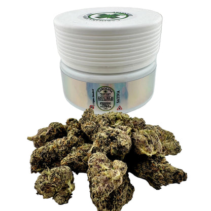 Jar of cannabis buds with a visible brand label on a white background