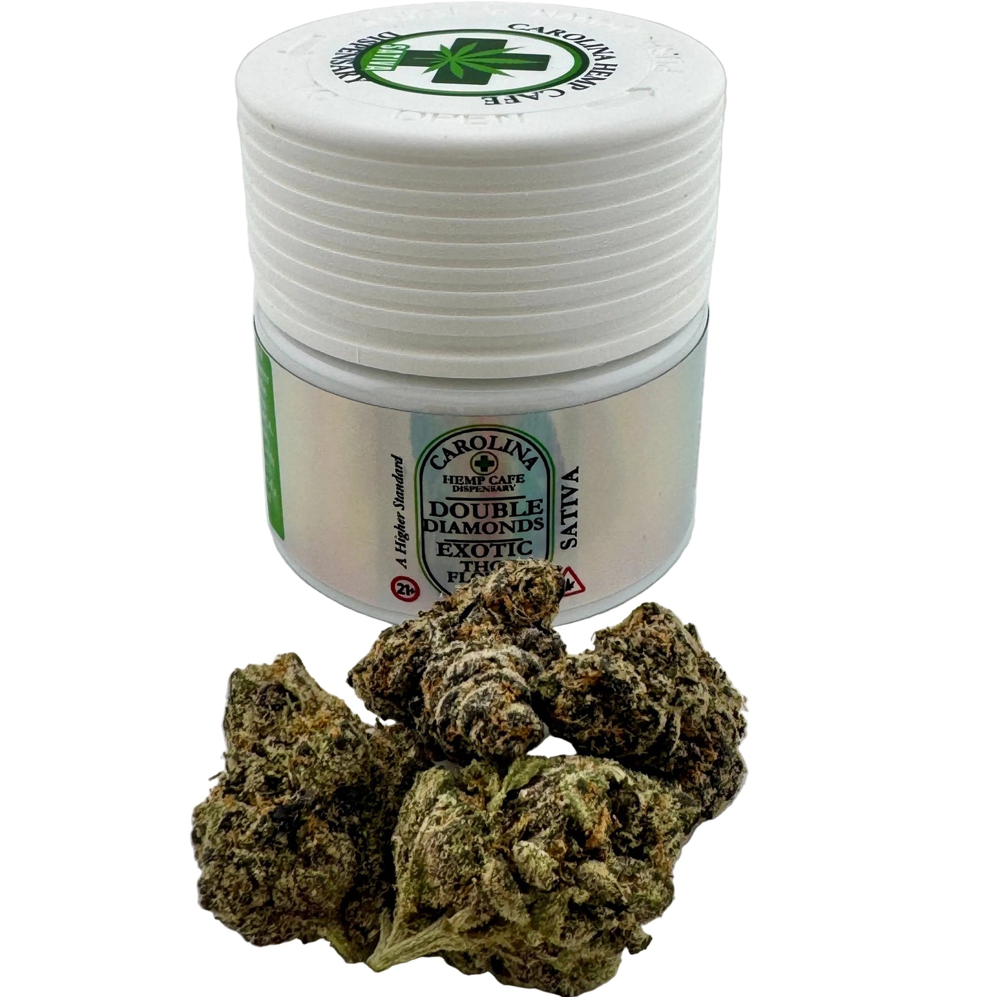 Jar of cannabis buds with a visible brand label on a white background