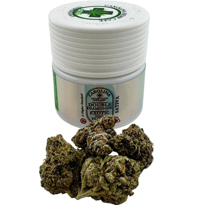 Jar of cannabis buds with a visible brand label on a white background