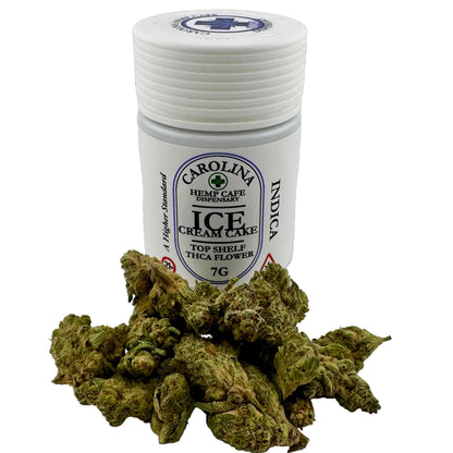 Jar of Carolina Hemp Cafe Ice Cream Cake IndicaTHC flower on a white background