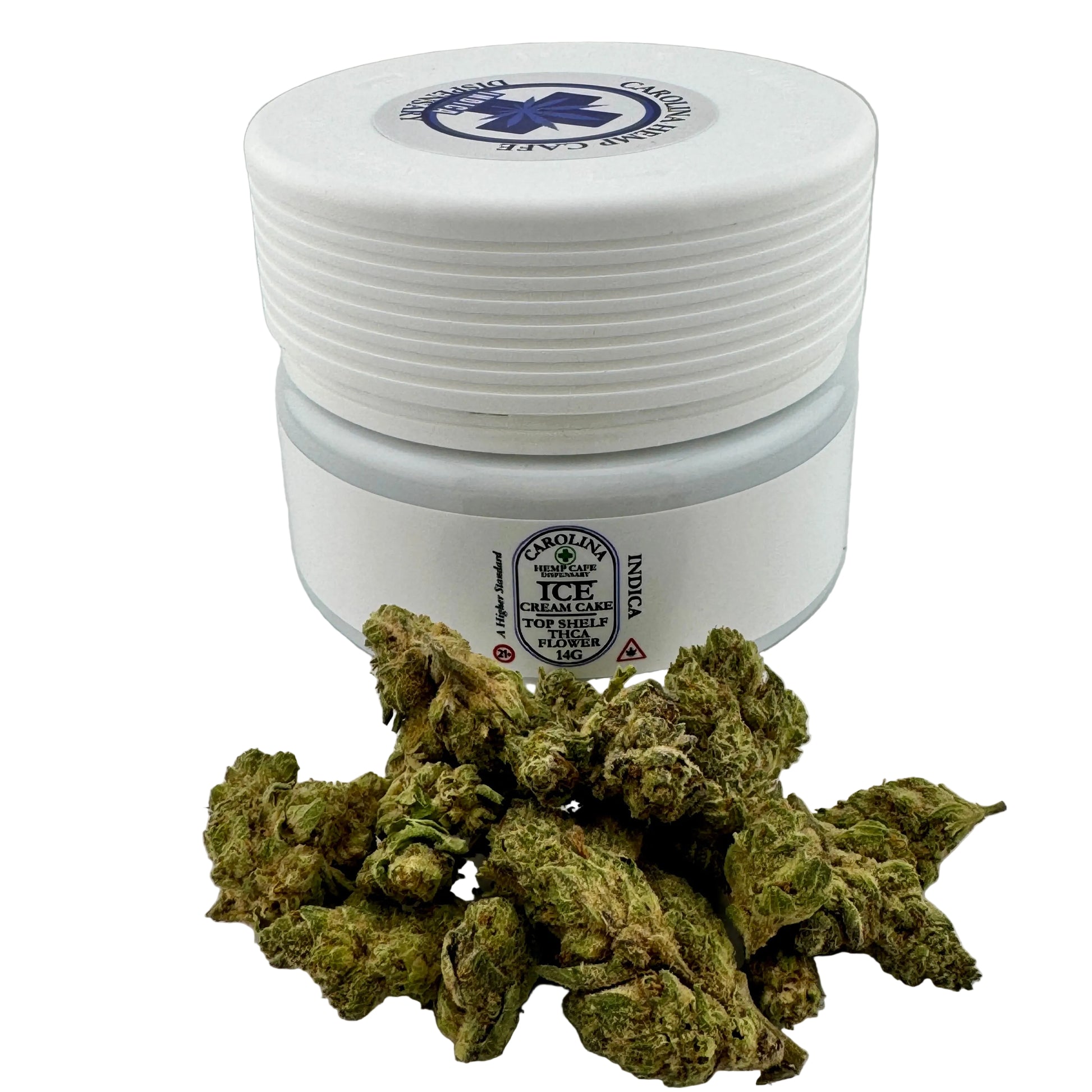 White container with cannabis buds on a light gray background