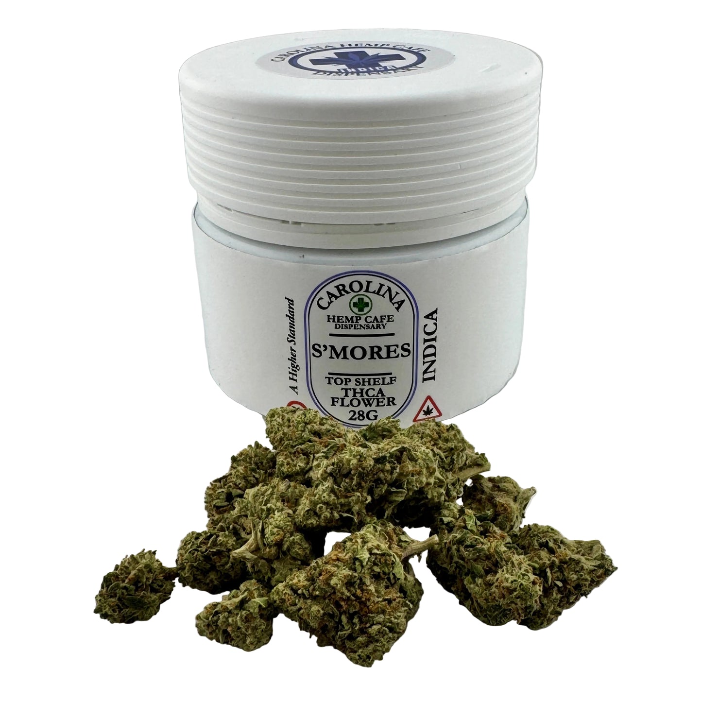 Jar of Carolina Hemp Flower S'mores Indica with cannabis buds on a white background
