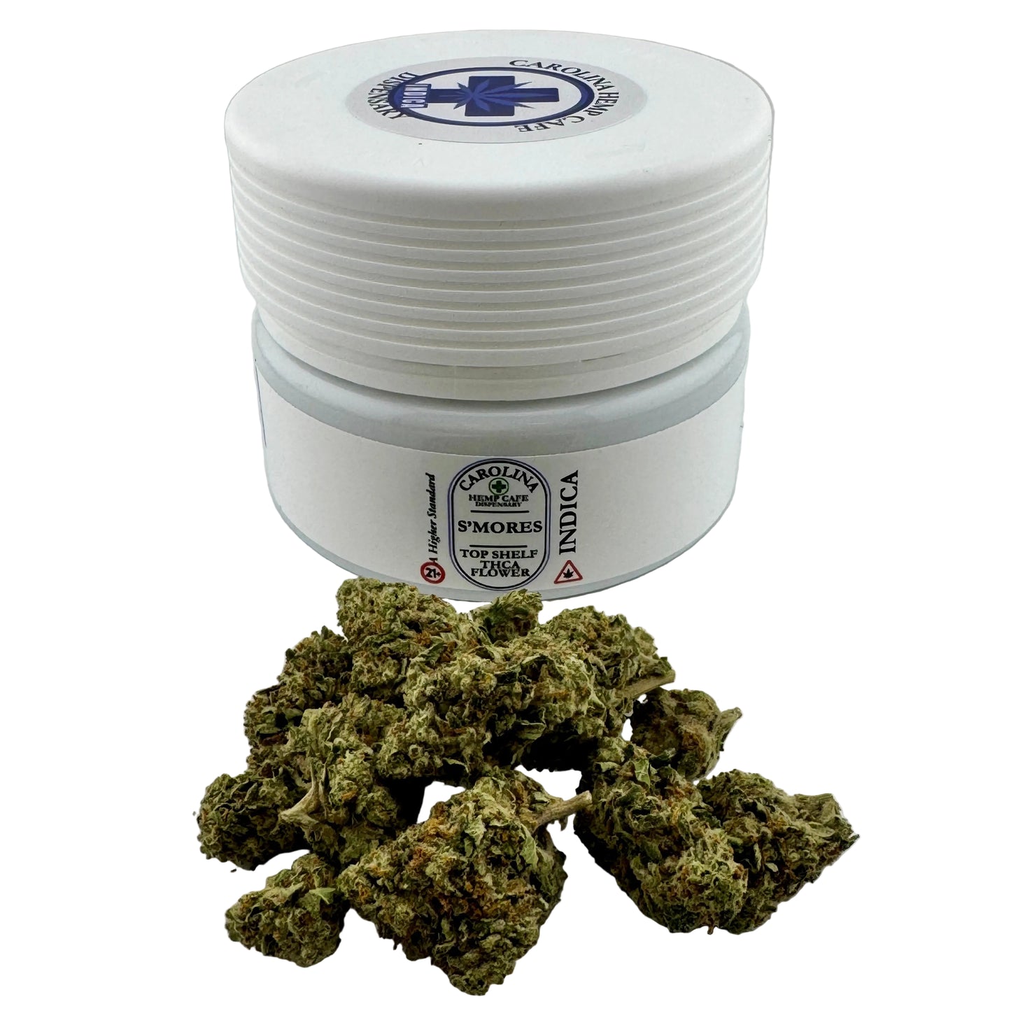 White container with cannabis buds on a white background
