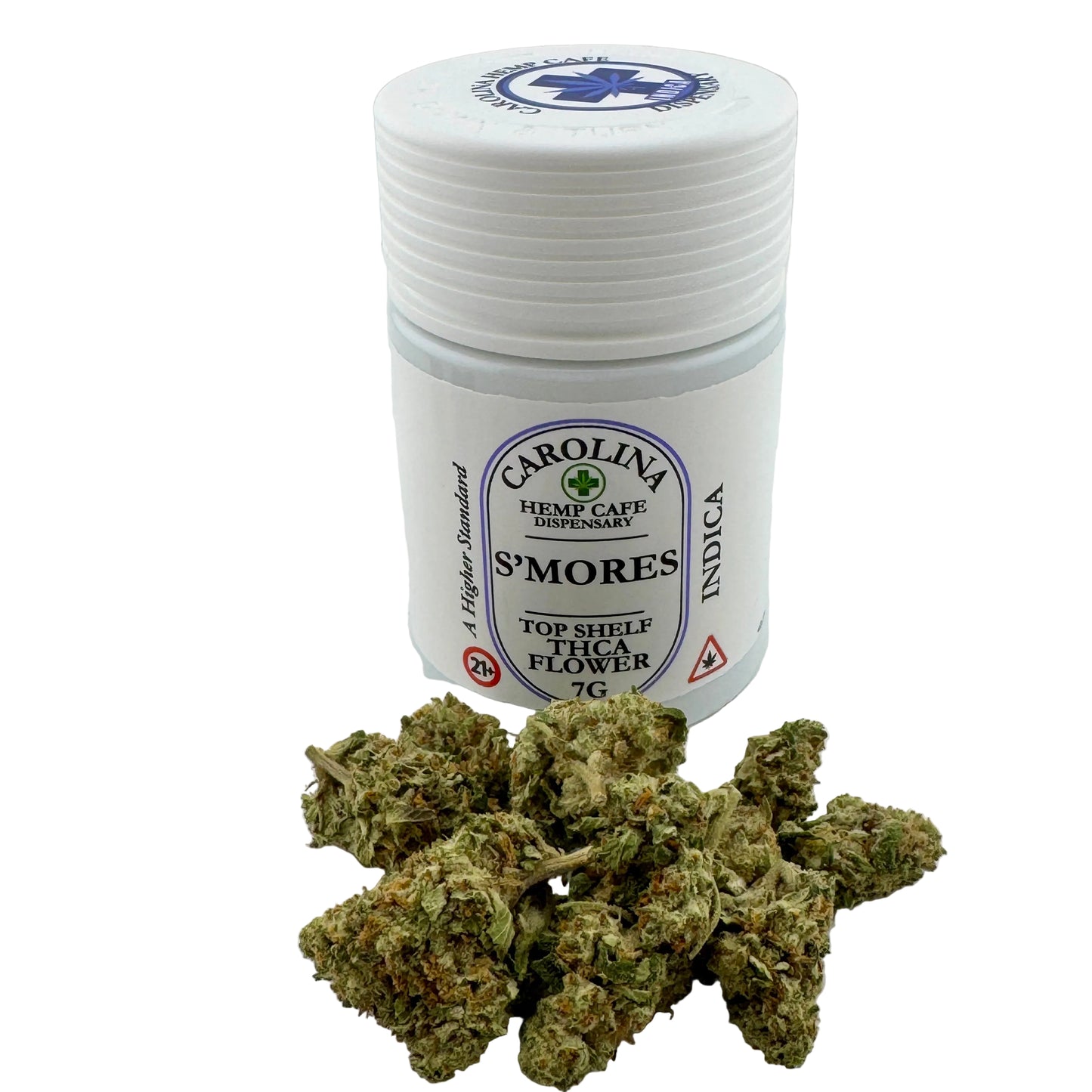 Jar of 'S'mores' indica cannabis buds with a white lid on a light gray background