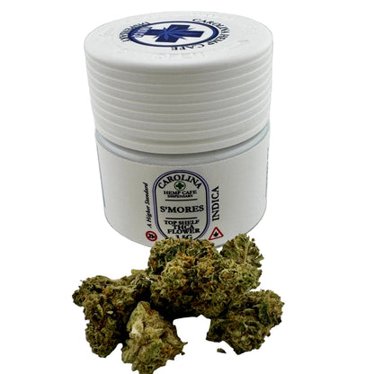 White container with Carolina Hemp Cafe branding and cannabis buds on a light gray background