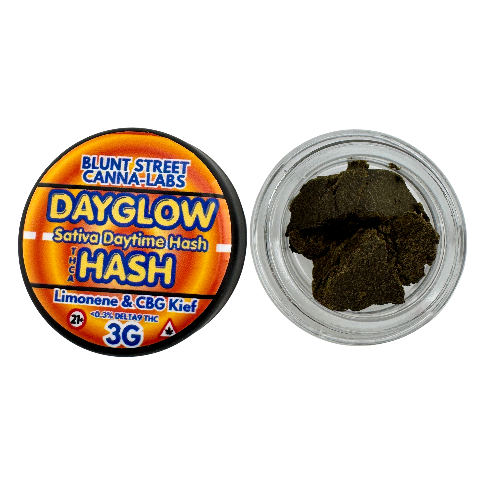 Jar of cannabis hash with Blunt Street Canna-Labs packaging on a white background