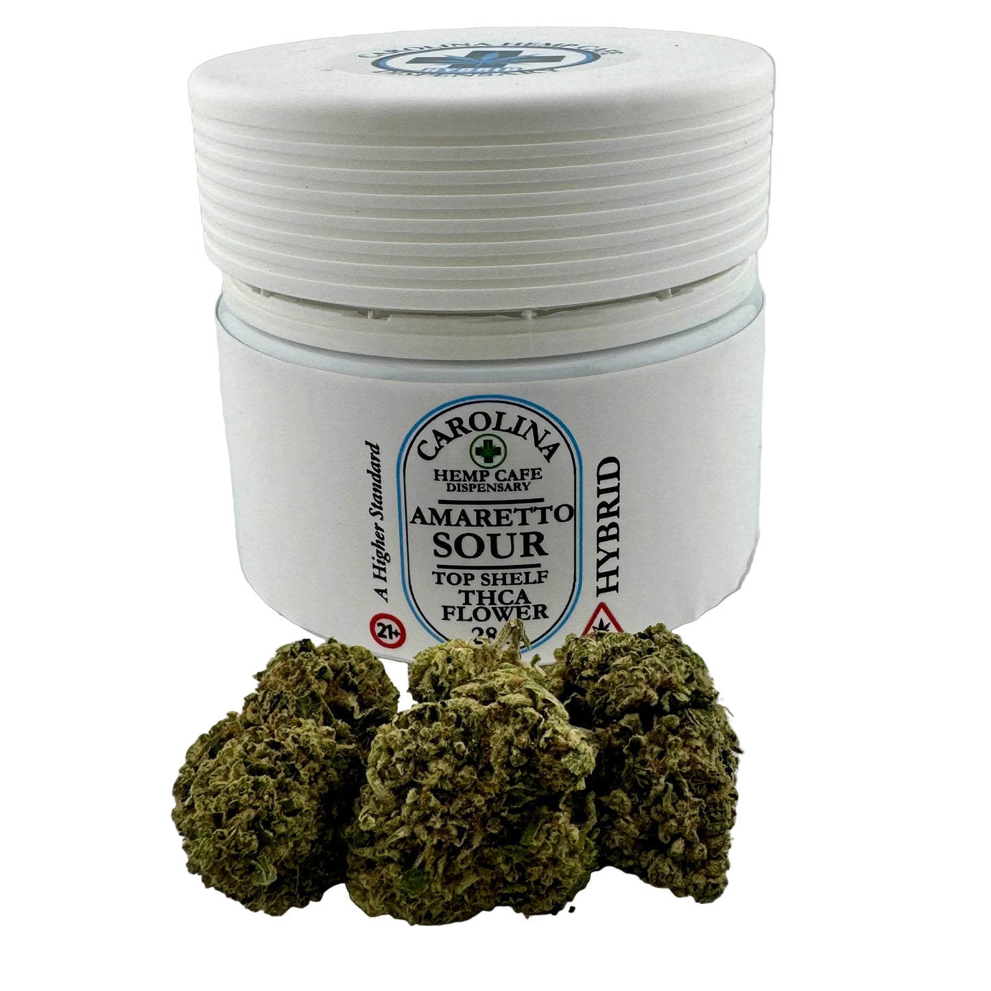 White container with Carolina Hemp Cafe label and green cannabis buds on a white background