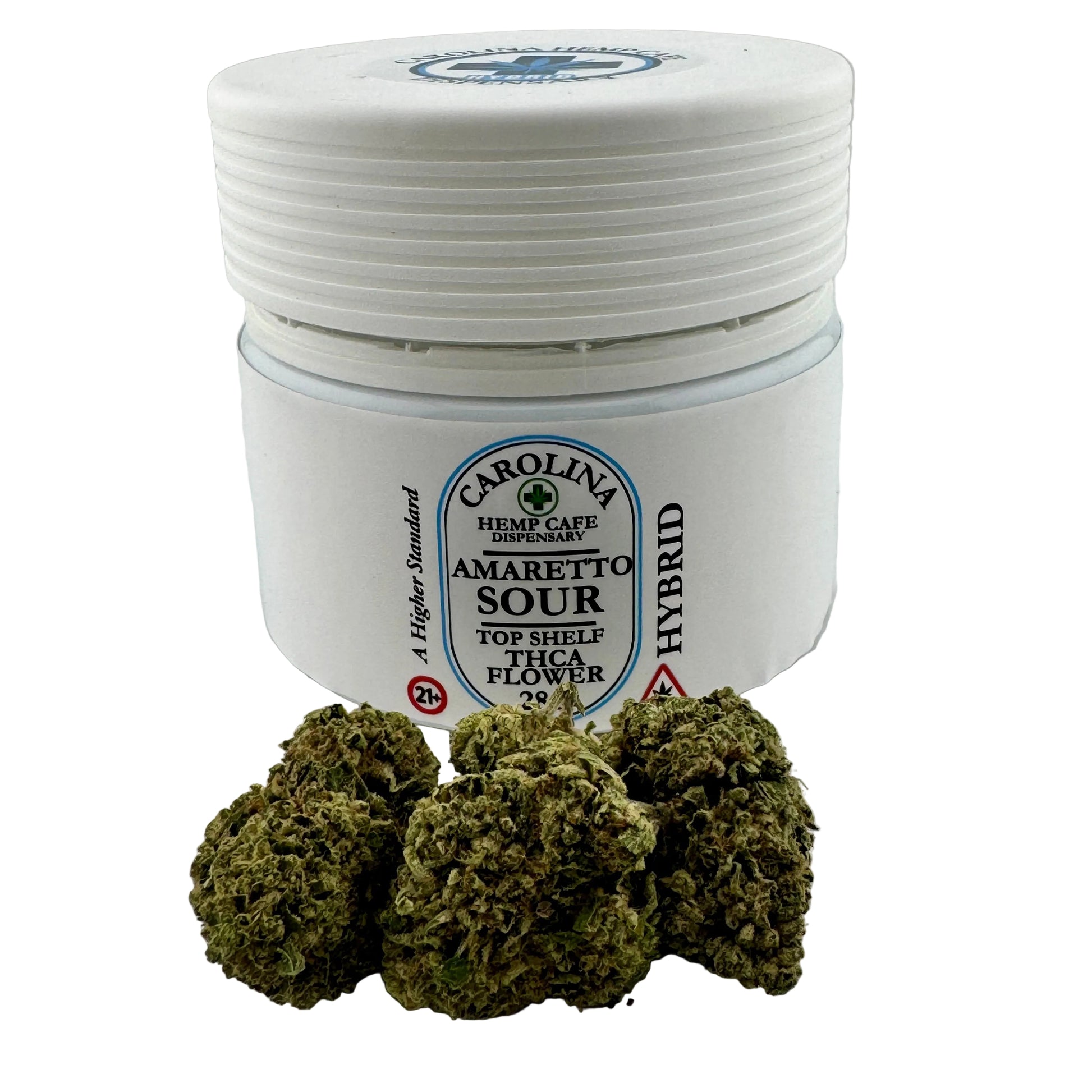 White container with Carolina Hemp Cafe label and green cannabis buds on a white background