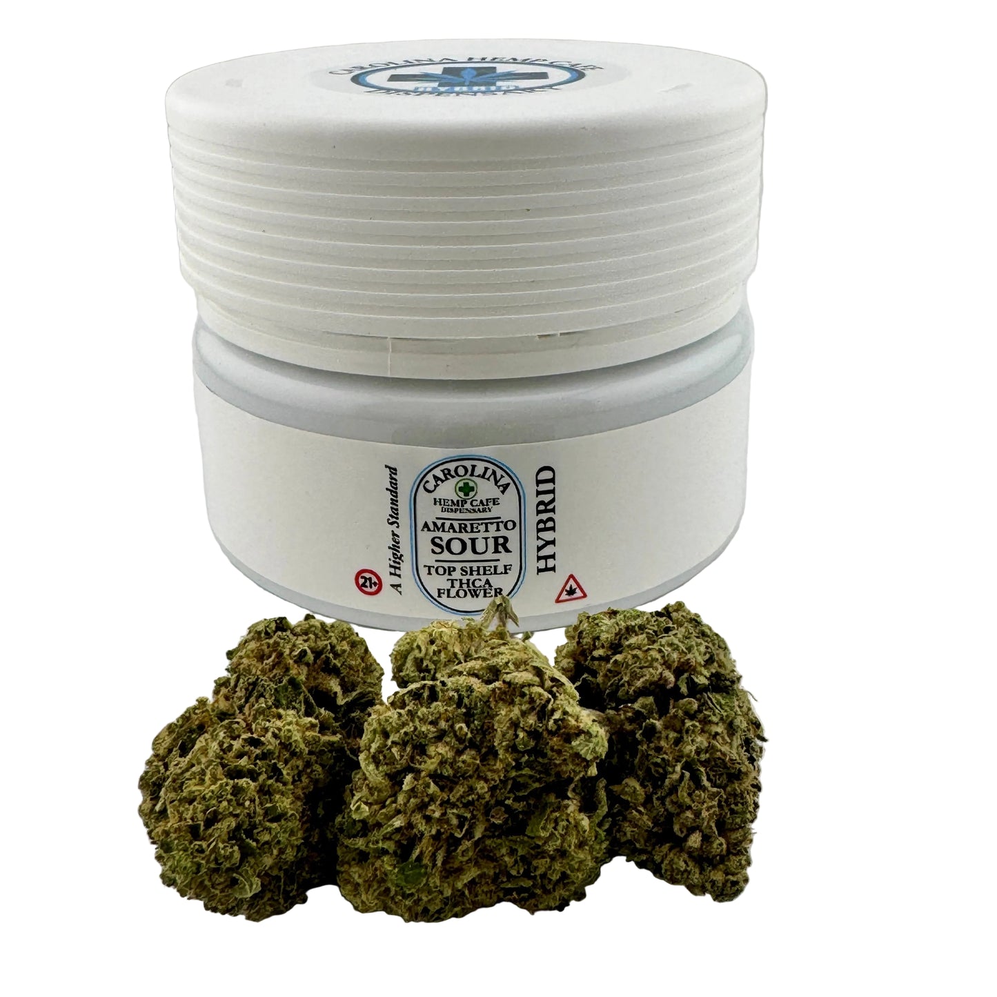 White container with cannabis buds on a light gray background