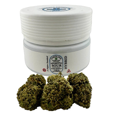 White container with cannabis buds on a light gray background