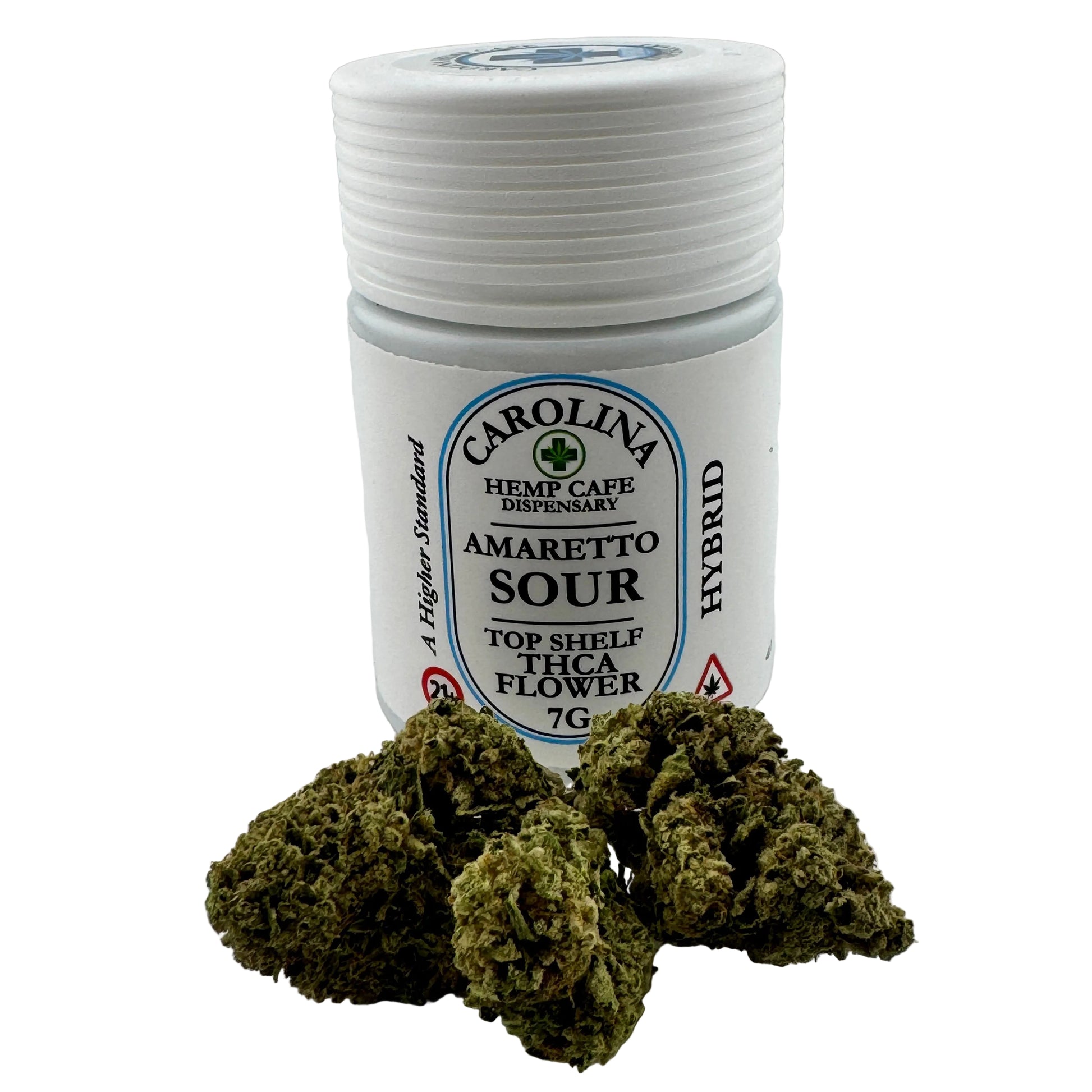 Jar of Carolina Hemp Cafe dispensary with amaretto sourTHCA flower and cannabis buds on a white background